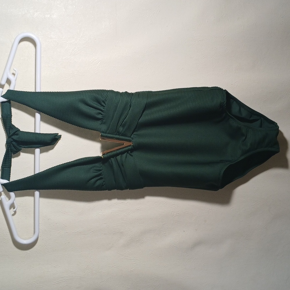 Heidi Klein Women's One Piece Casa Blanca V-bar Swimsuit Size  XS Dark Green